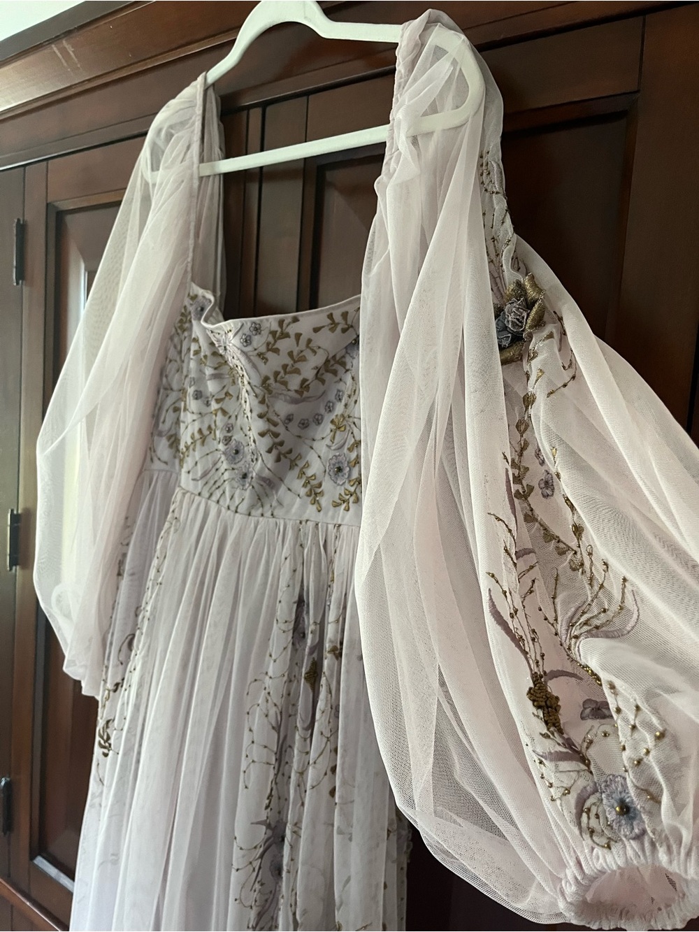 Anthropologie Dusty Rose Floral Embroidered Puff-Sleeve Gown - Picture 4 of 7